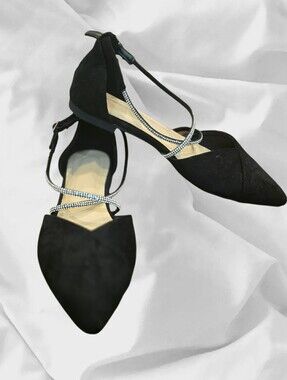 Forever Glam Black Suede Rhinestone Criss Cross Ankle Flats